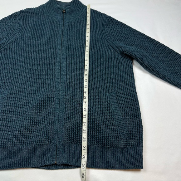 LL Bean Mens Waffle Knit Sweater Sz Large Full Zip Organic Cotton Blue Green A7 - Picture 7 of 7